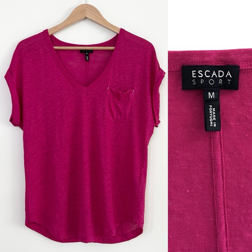 Escada Sport Women Medium Pink Fuchsia 100% Linen Short Sleeve T-Shirt Top NWOT